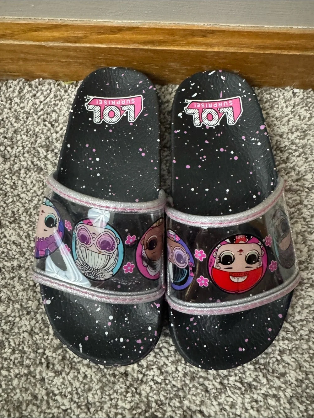 L.O.L. Surprise! Girls Black & Neon Green Character Slide Sandals Size 12/13
